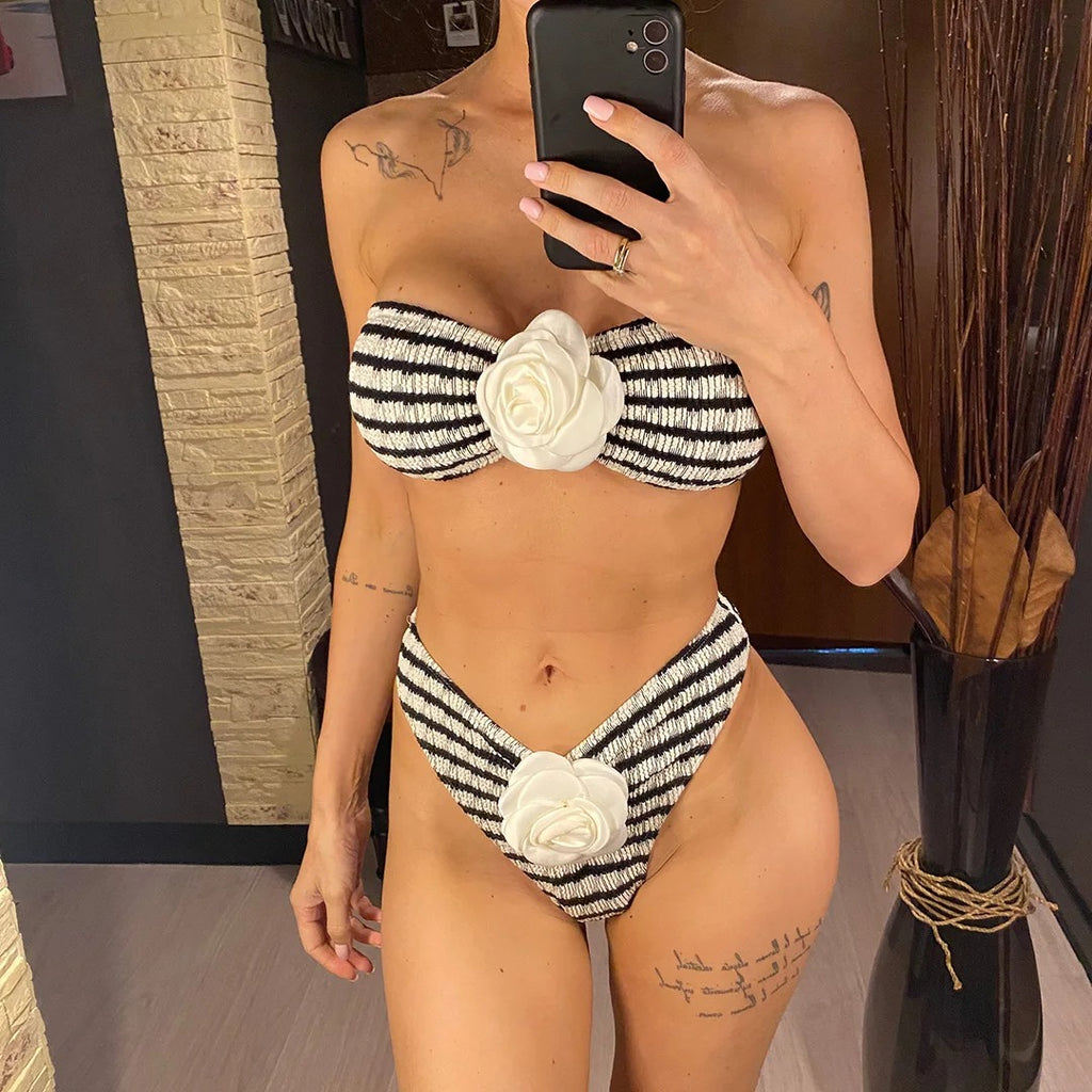 Tanya 3D Flowers Striped Bandeau Bikini