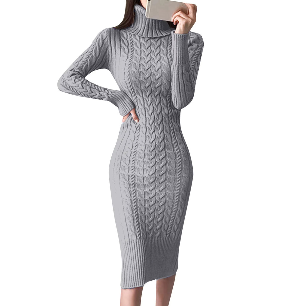 Women's Turtleneck Long Sleeve Solid Color Sweater Dress