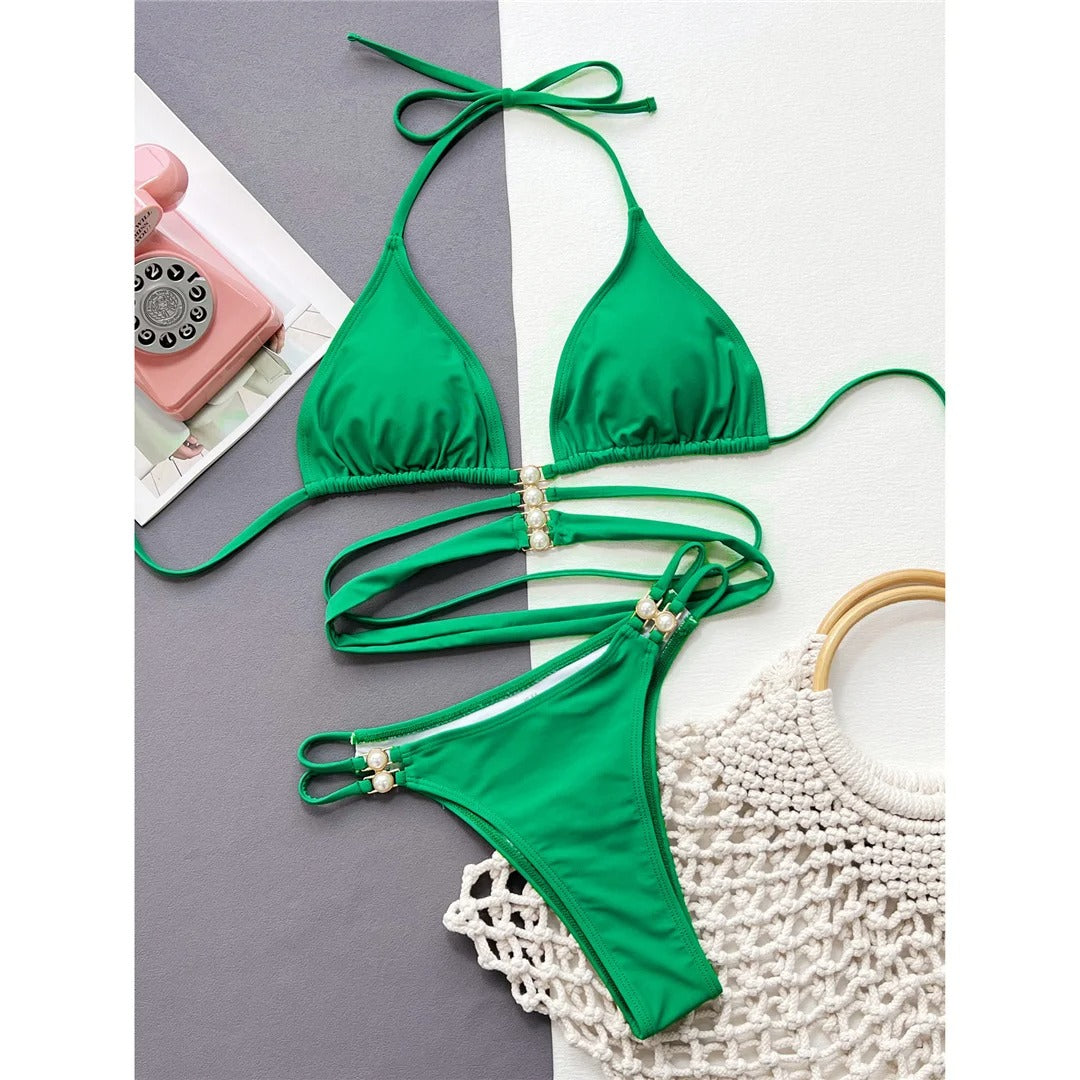 Vanessa Wrap Around Pearls Halter High Cut Bikini