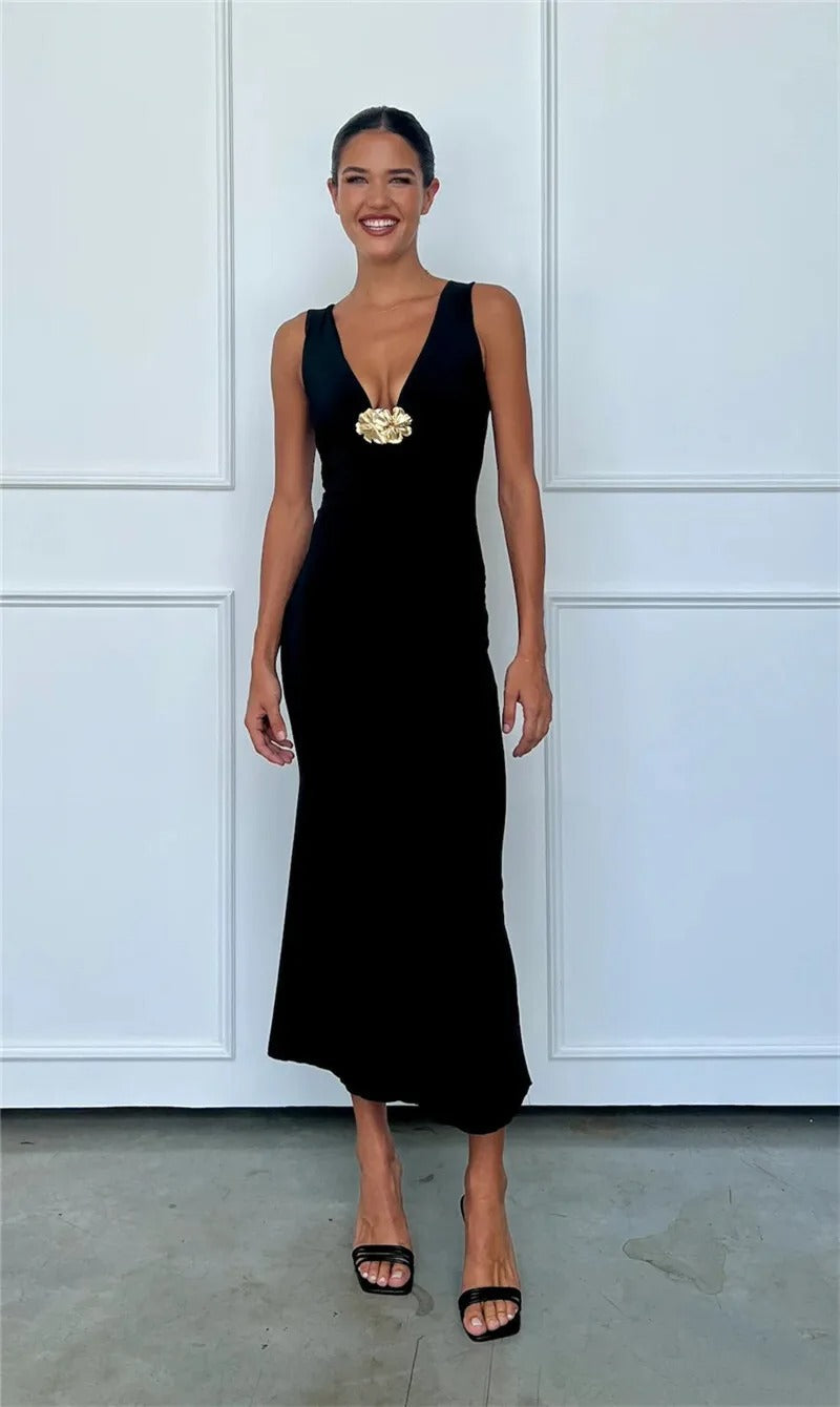 Julia Deep V Neck Front Gold Clasp Sexy Maxi Dress