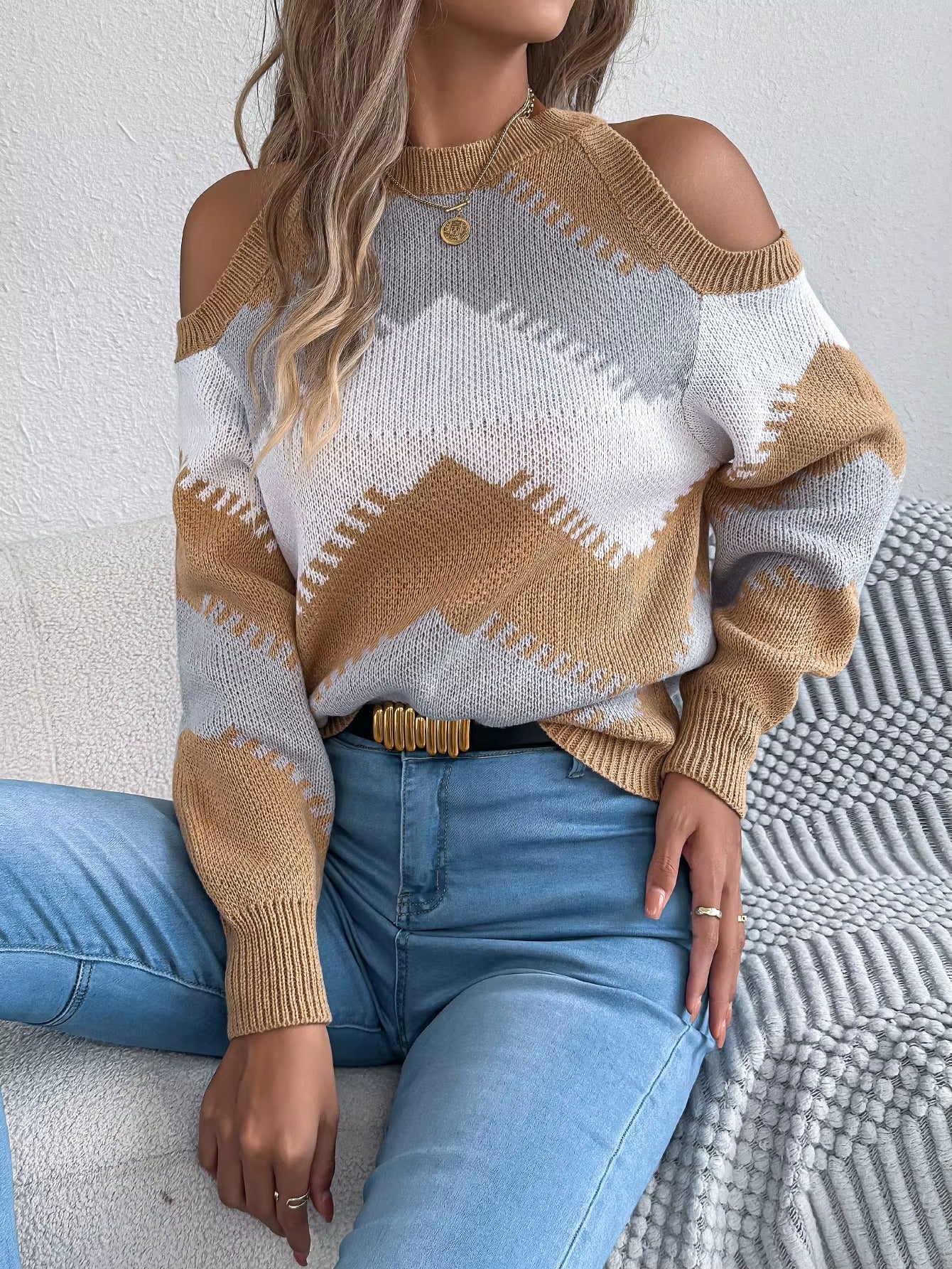 Women’s Contrast Color Striped Off-Shoulder Round Neck Sweater