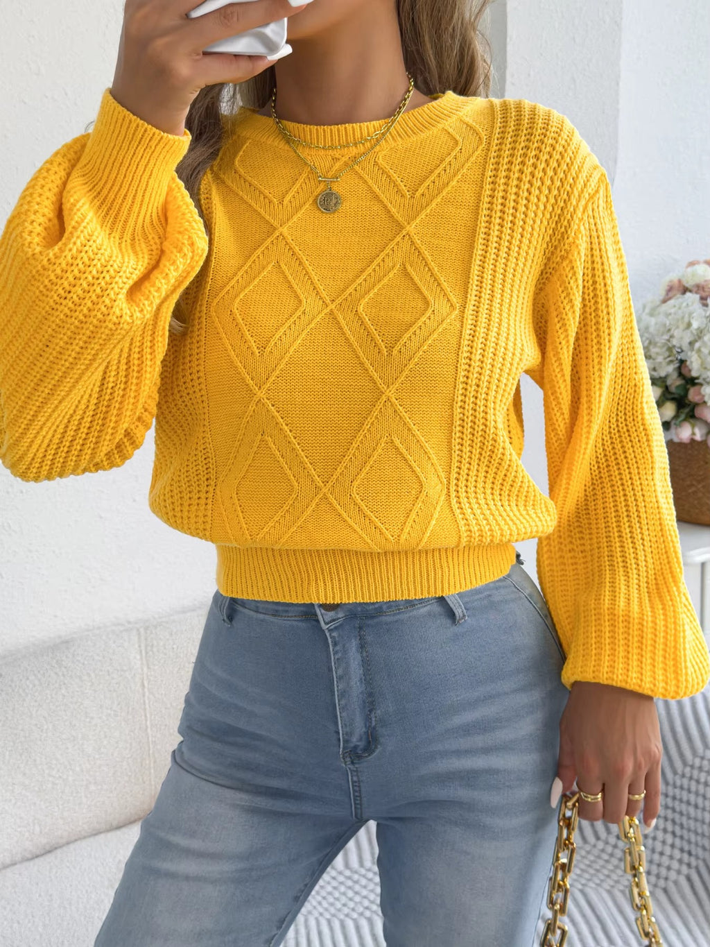 Women's Solid Color Lantern Sleeve Round Neck Knitted Sweater