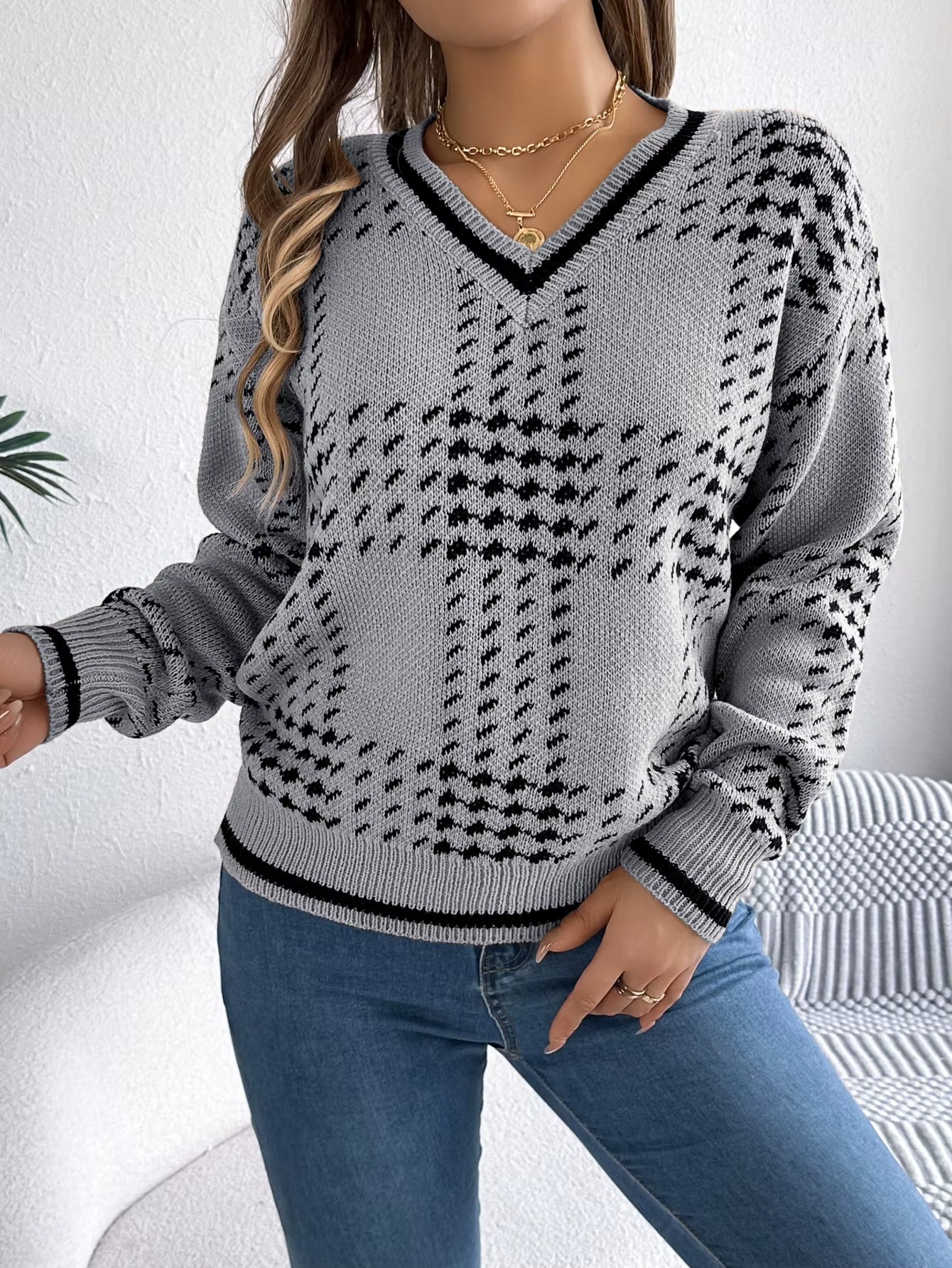 Women’s V-Neck Color Block Grid Striped Sweater