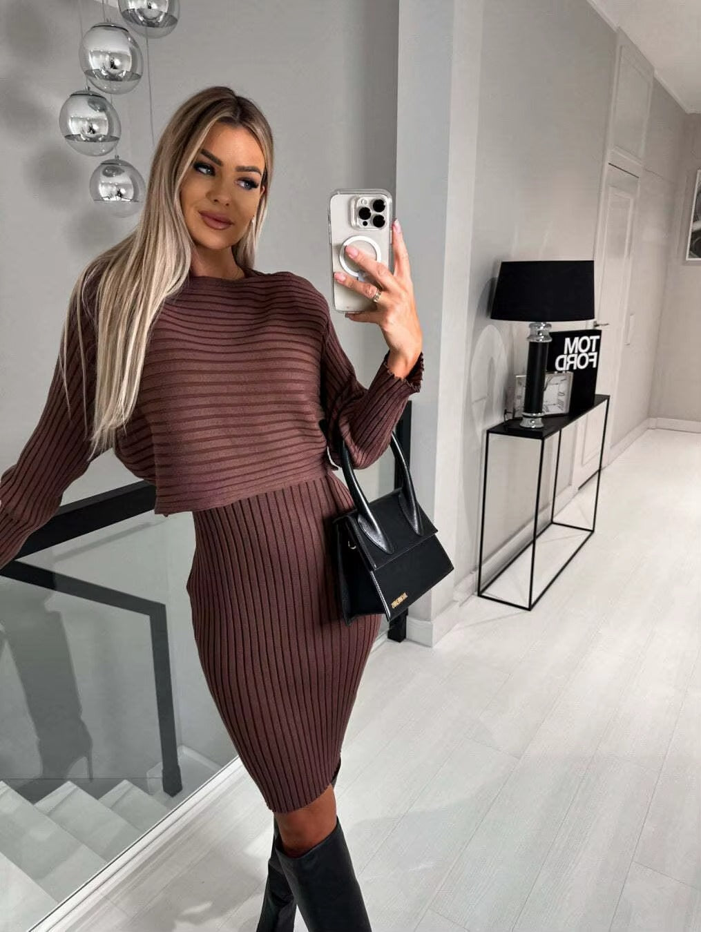 Slim Fit Sexy Knitted Mid-Length Dress with Stripe Detail