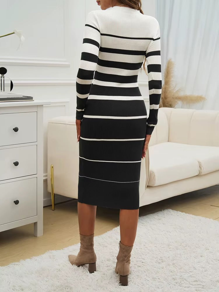 Slim Striped Print Long-Sleeve Office Ladies Knitted Dress