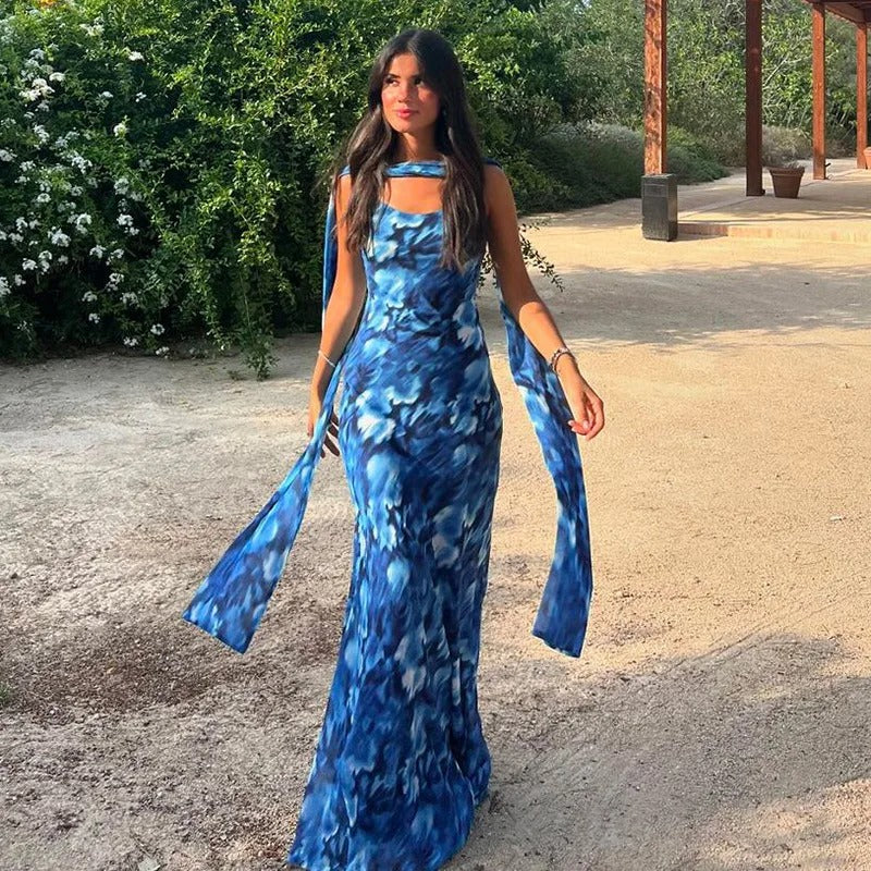 Maureen Halter Backless Print Sexy Maxi Dress