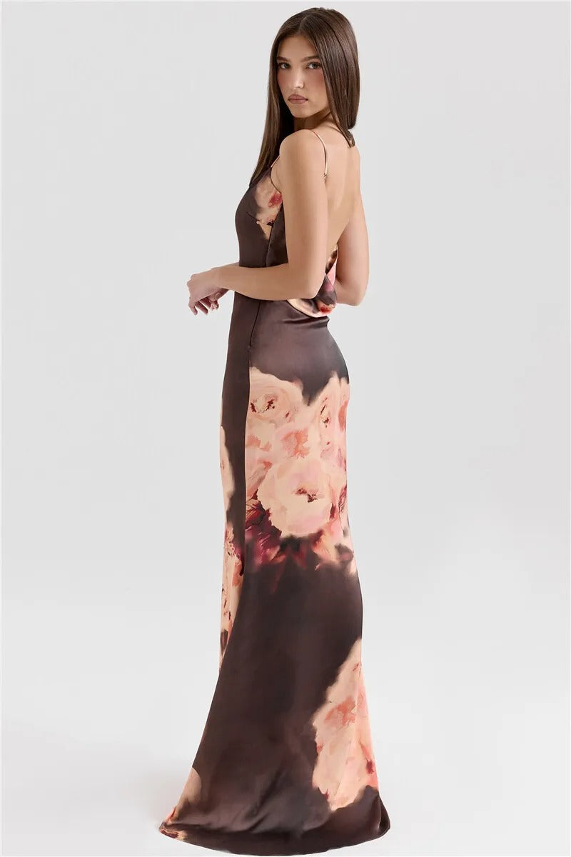 Rachel Satin Floral Print Sexy Maxi Dress