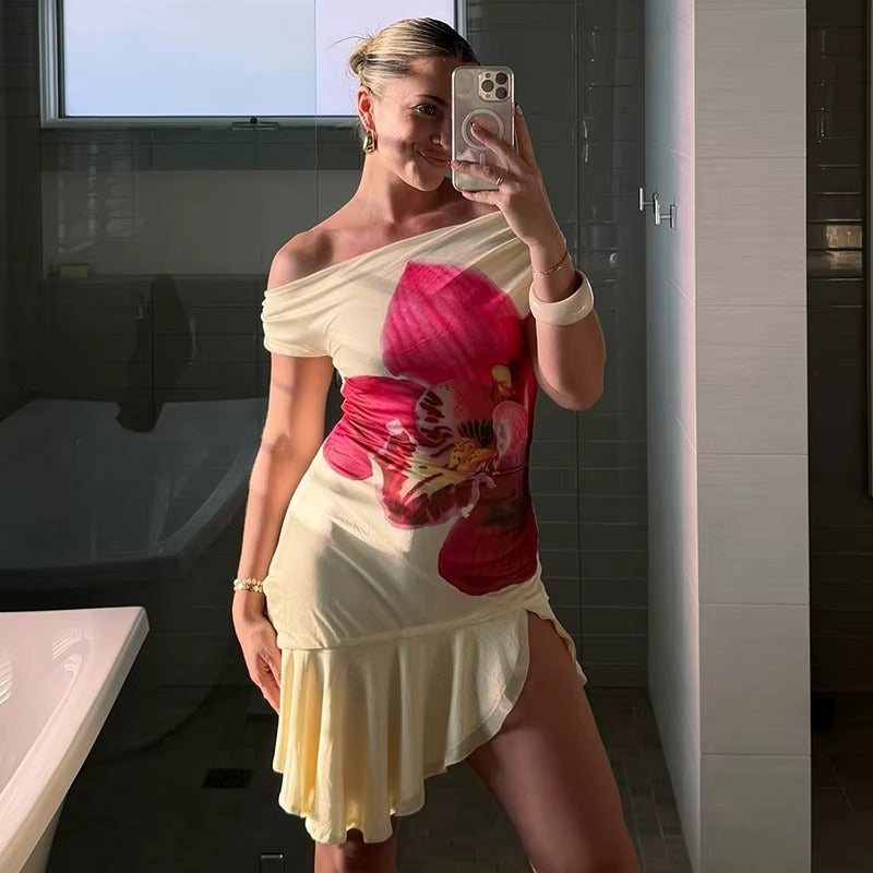 Patsy Skew Collar Ruffled Print Sexy Mini Dress