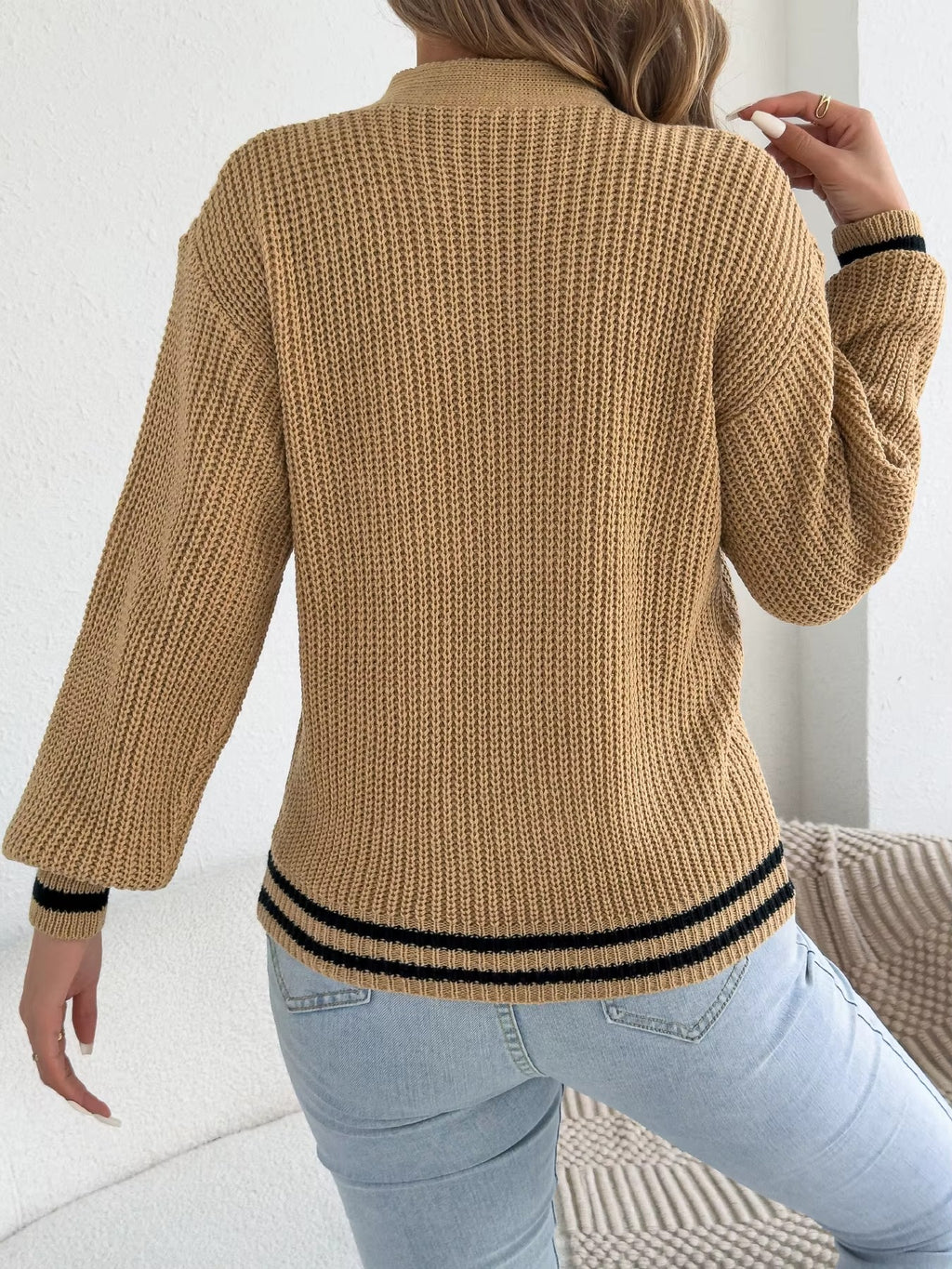 Women’s V-Neck Floral Hollow Out Striped Sweater