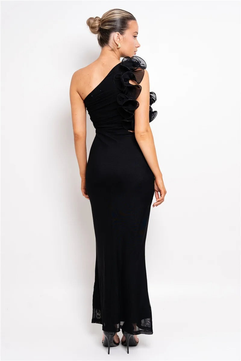 Sharon Shoulder Floral Mesh Ruched Sexy Maxi Dress