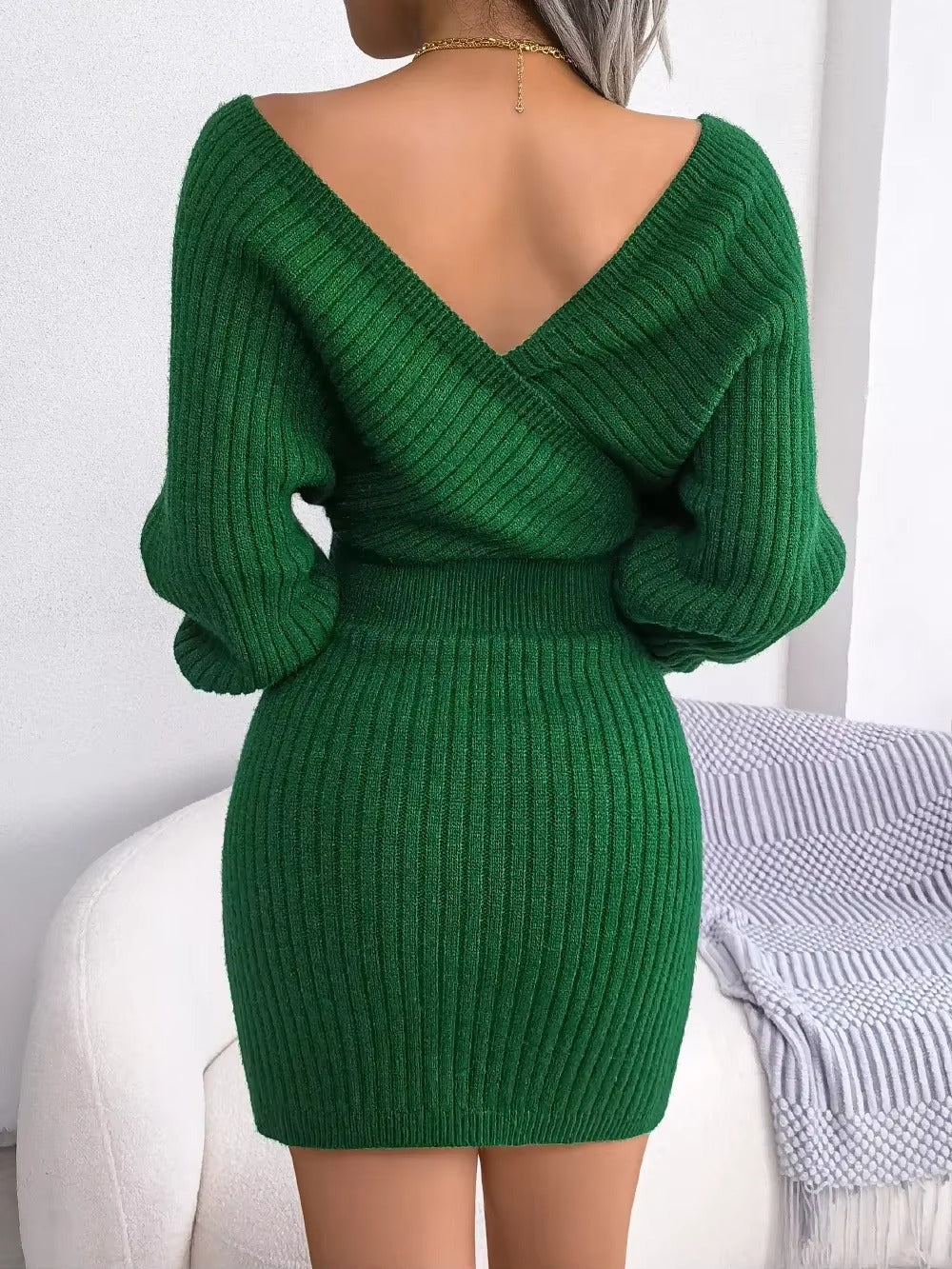 Women's Casual Sexy Cross V Neck Batwing Sleeve Solid ColorDress