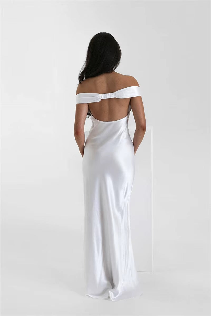 Satin Off-shoulder Backless Sexy Maxi Dress
