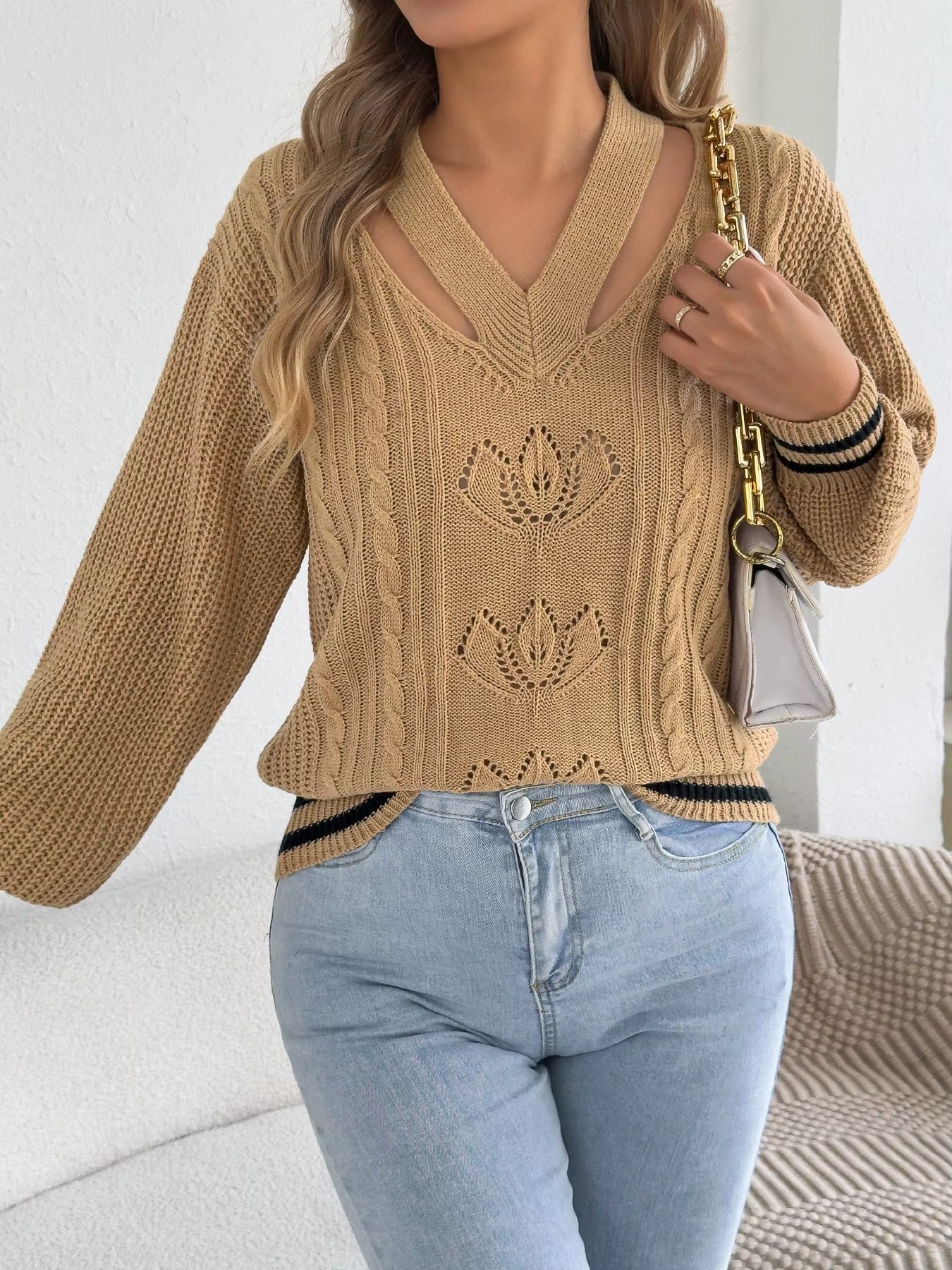 Women’s V-Neck Floral Hollow Out Striped Sweater