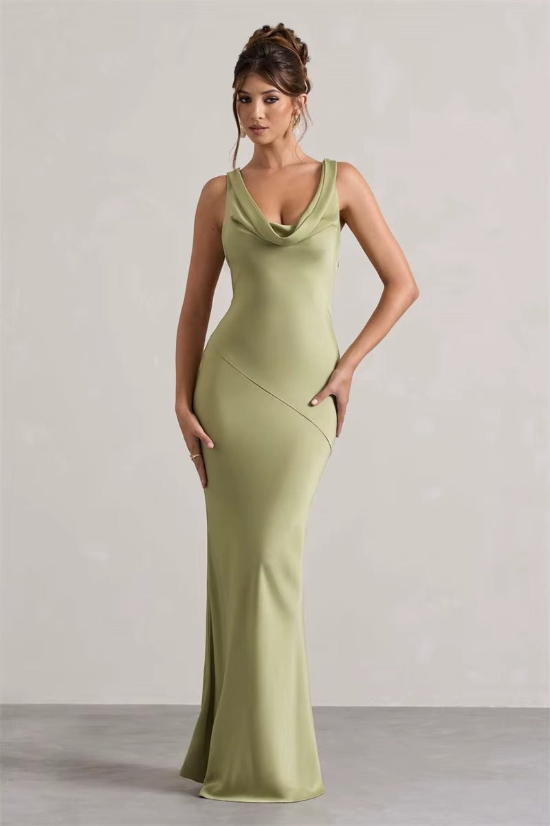 Bertha Satin Cowl Neck Backless Sexy Maxi Dress