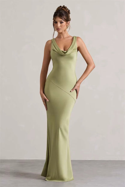 Bertha Satin Cowl Neck Backless Sexy Maxi Dress