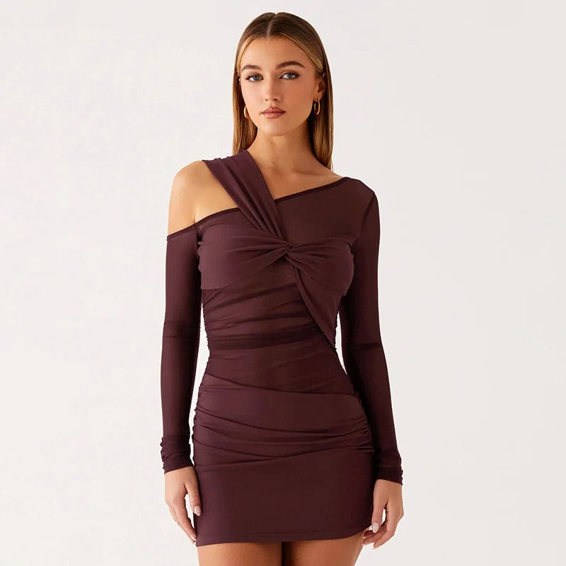 Inclined Shoulder Long Sleeve Sexy Mini Dress