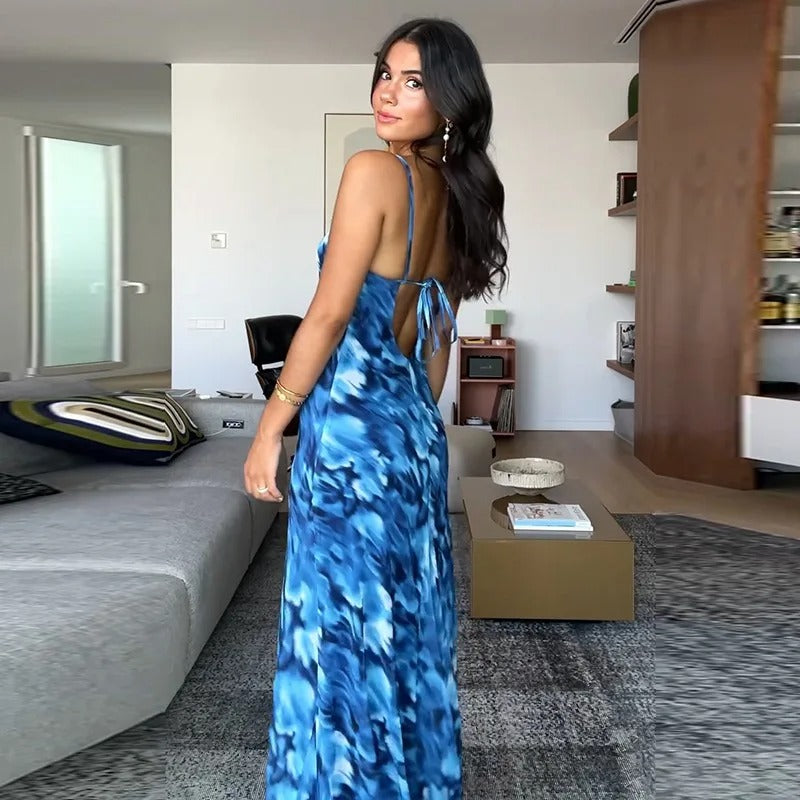 Maureen Halter Backless Print Sexy Maxi Dress