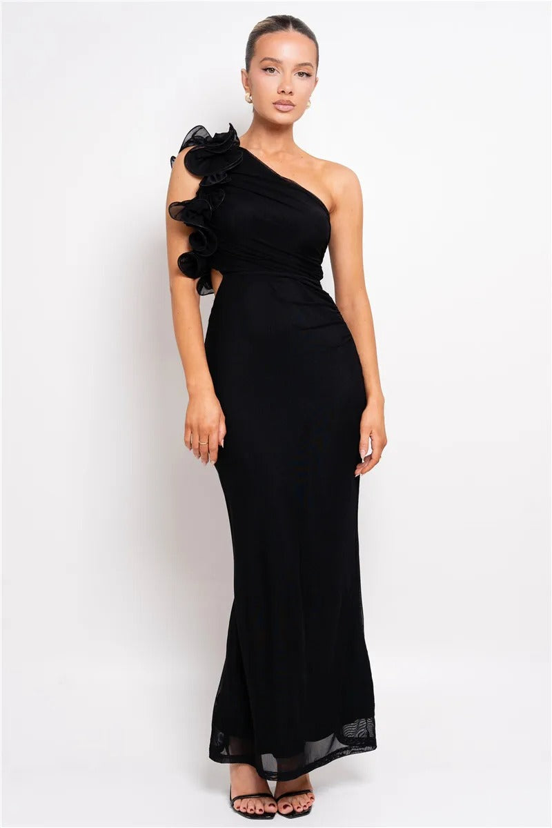 Mandy Shoulder Floral Mesh Ruched Sexy Maxi Dress