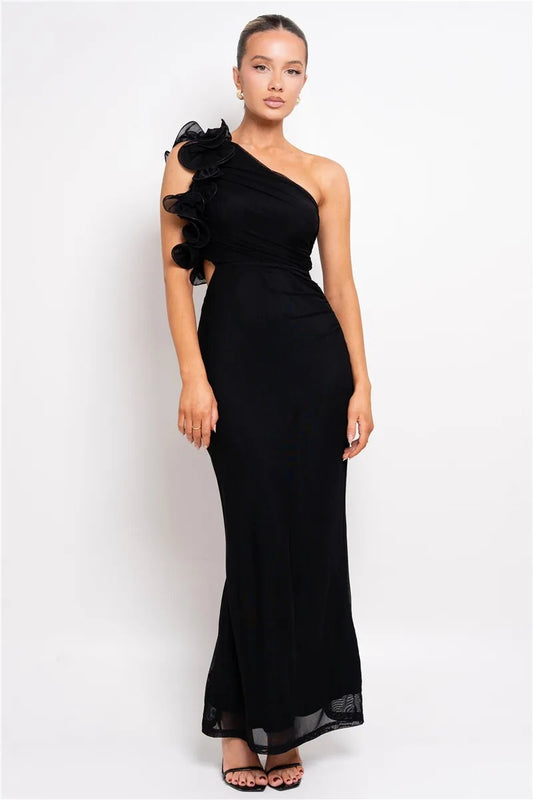 Sharon Shoulder Floral Mesh Ruched Sexy Maxi Dress