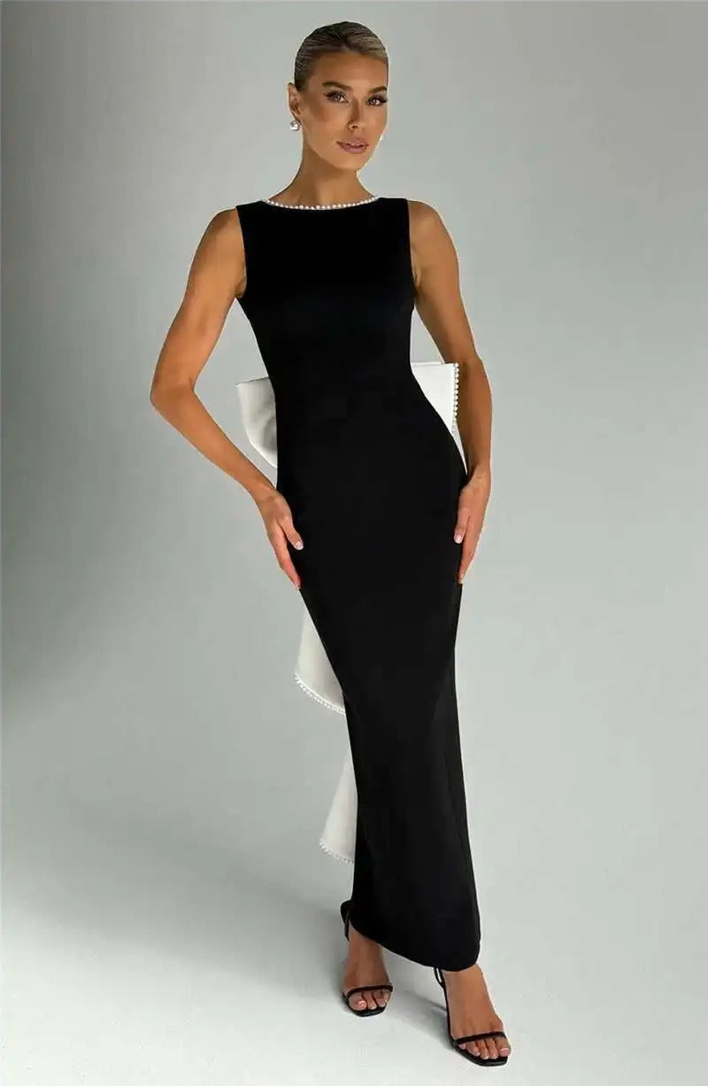 Lorraine Pearl Bow Backless Sexy Maxi Dress