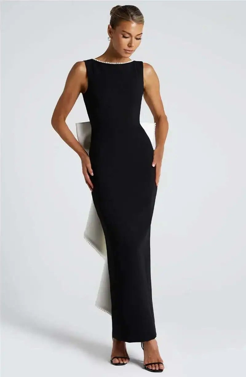 Lorraine Pearl Bow Backless Sexy Maxi Dress