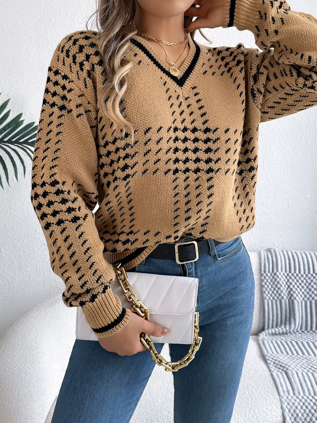 Women’s V-Neck Color Block Grid Striped Sweater