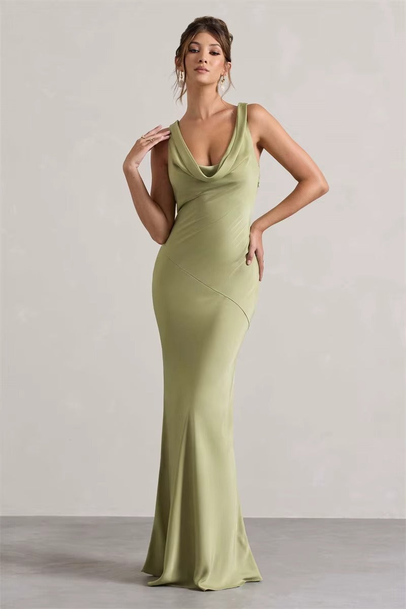 Satin Cowl Neck Backless Sexy Maxi Dress