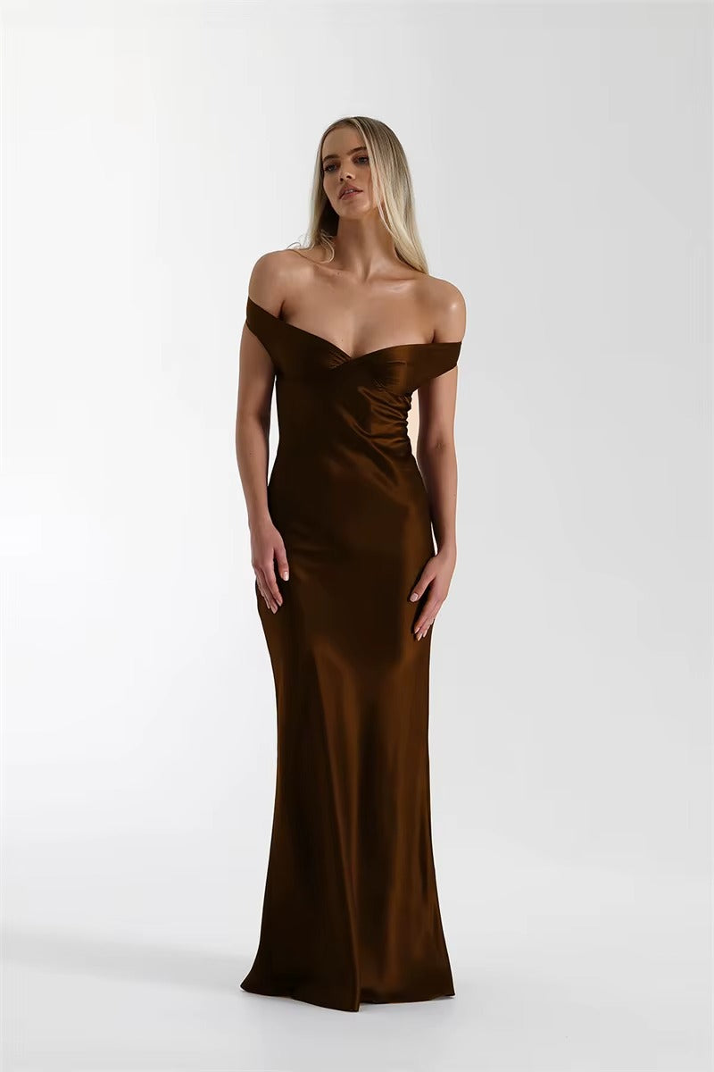 Satin Off-shoulder Backless Sexy Maxi Dress