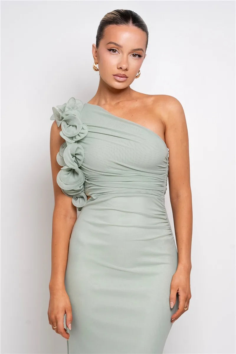 Mandy Shoulder Floral Mesh Ruched Sexy Maxi Dress