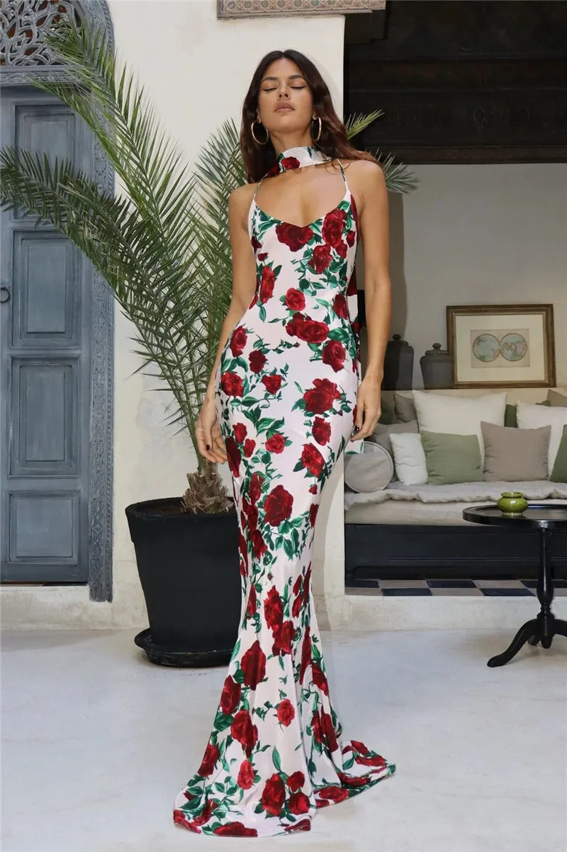 Maria Halter Backless Print Sexy Maxi Dress