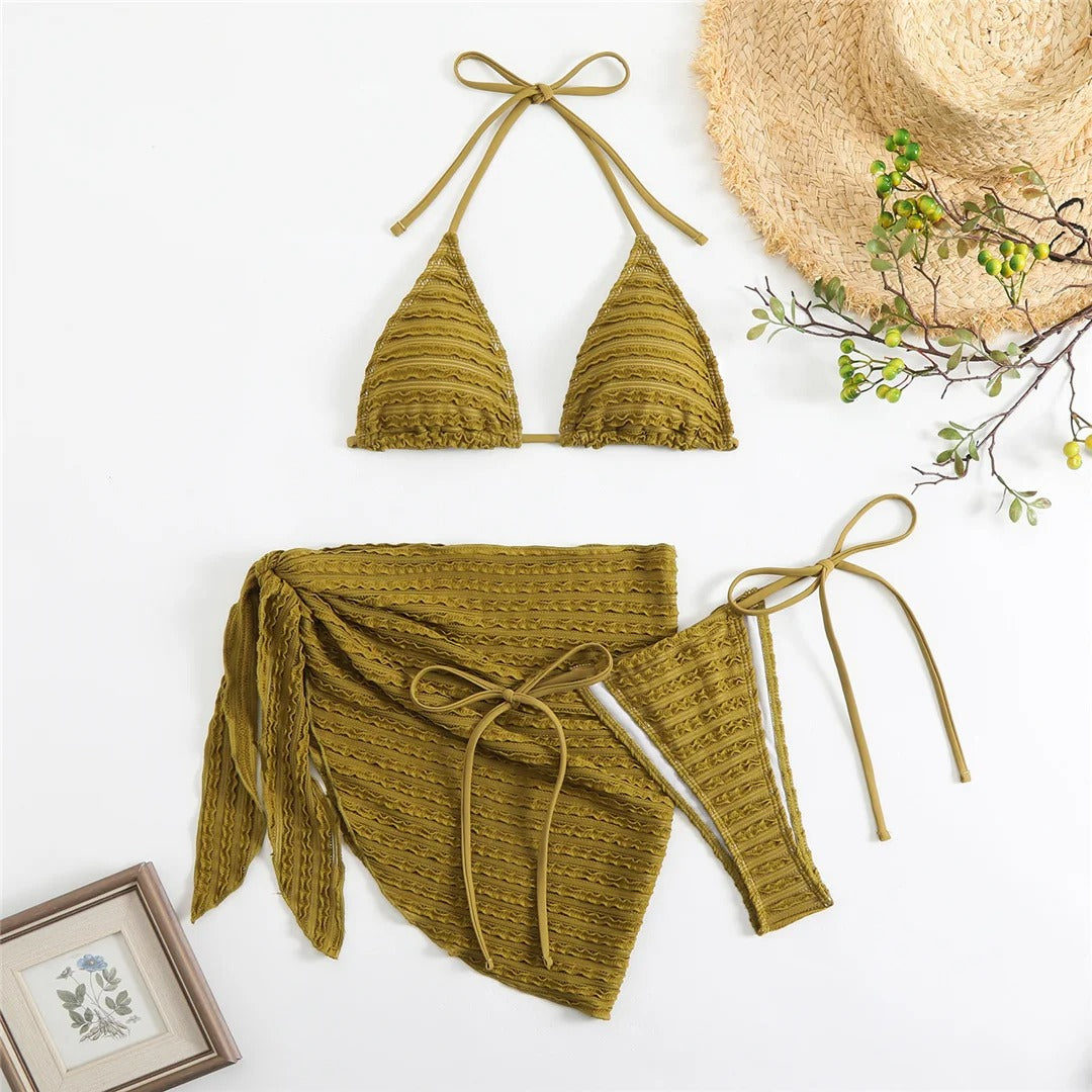 Priscilla With Sarong Halter Wrinkled Bikini