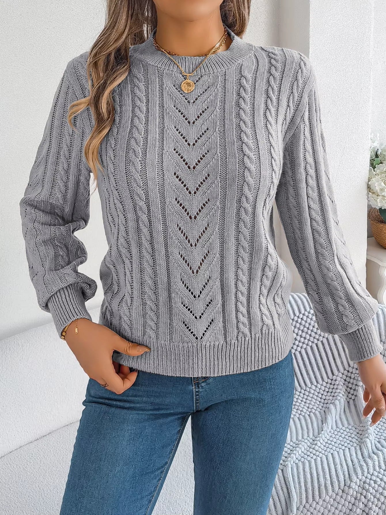 Women's O-Neck Hollow Out Long Sleeve Pullover Sweater