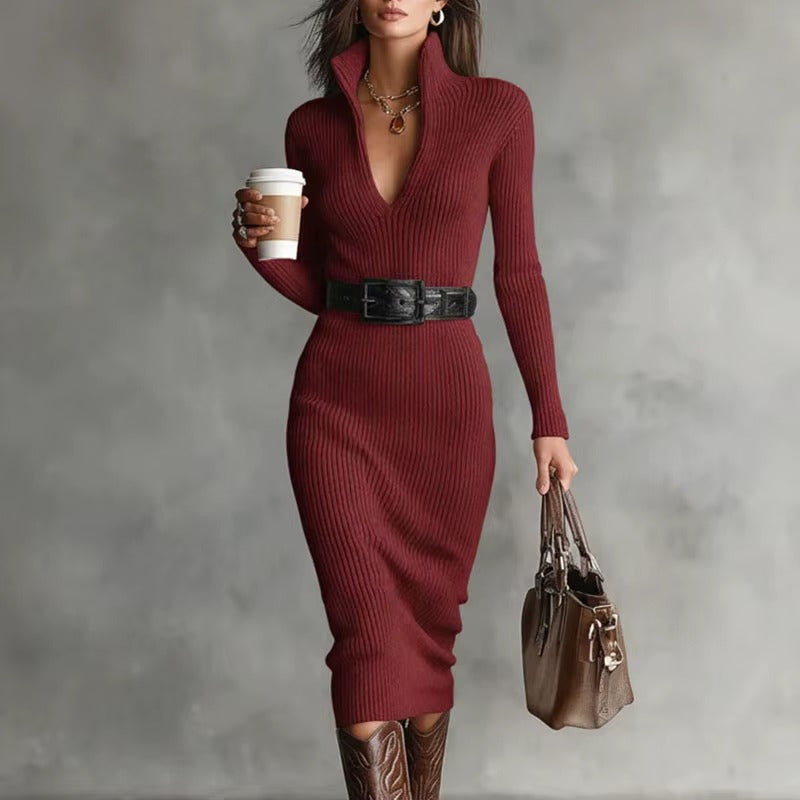 Women's Slim Turn-Down Collar Button Sweater Dress
