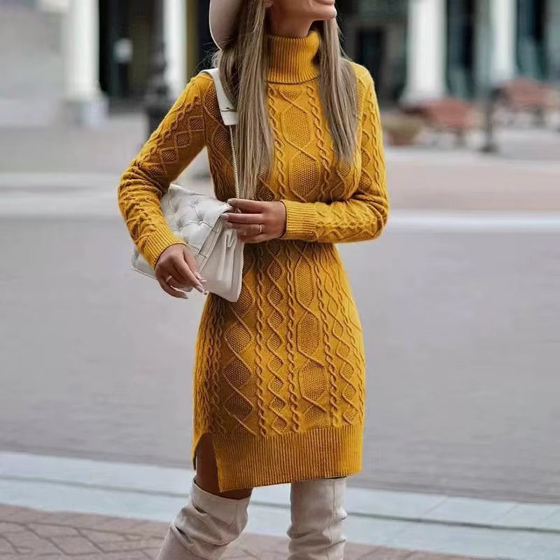 Knitted High Neck  Long Sleeves Sweater Dress for Women