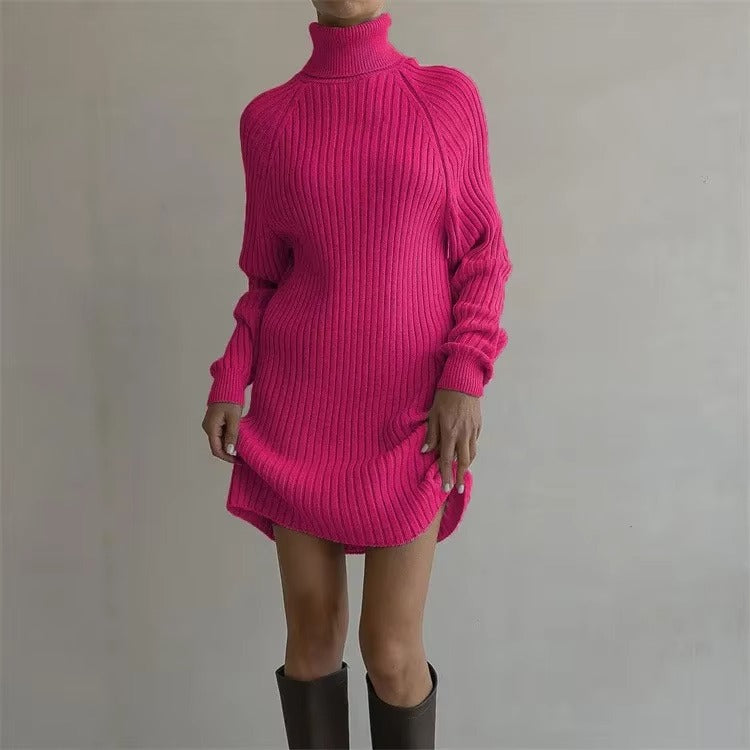 Women's High Collar Long Sleeve Thickened Knit Sweater Dress