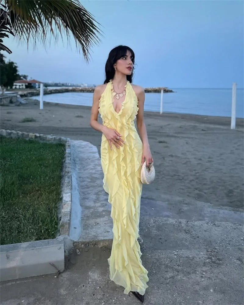 Halter Off-shoulder Ruffle Sexy Maxi Dress