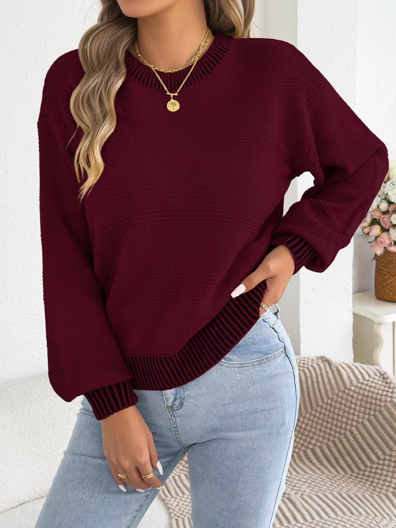 Autumn Winter Casual Striped Round-Neck Sweater for Women