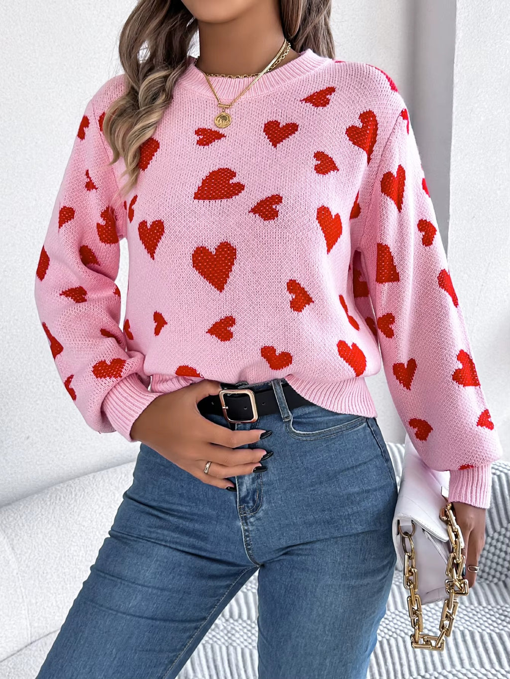Women’s Heart Print Contrast Color Pullover Sweater