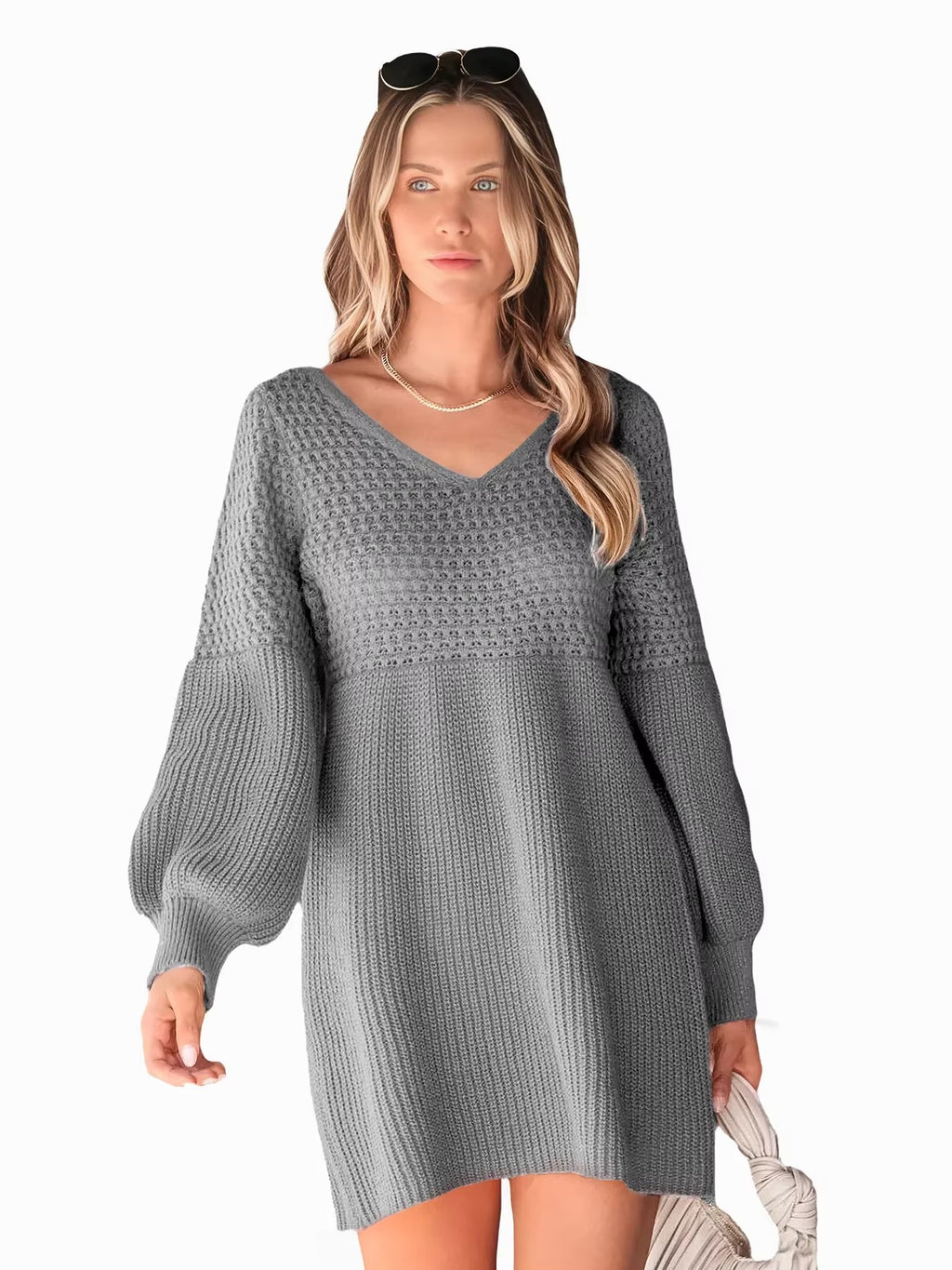 Women's Casual V-Neck Bubble Sleeve Pure Knitted Sweater Dress