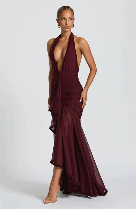 Becky Halter Deep V Neck Sexy Maxi Dress