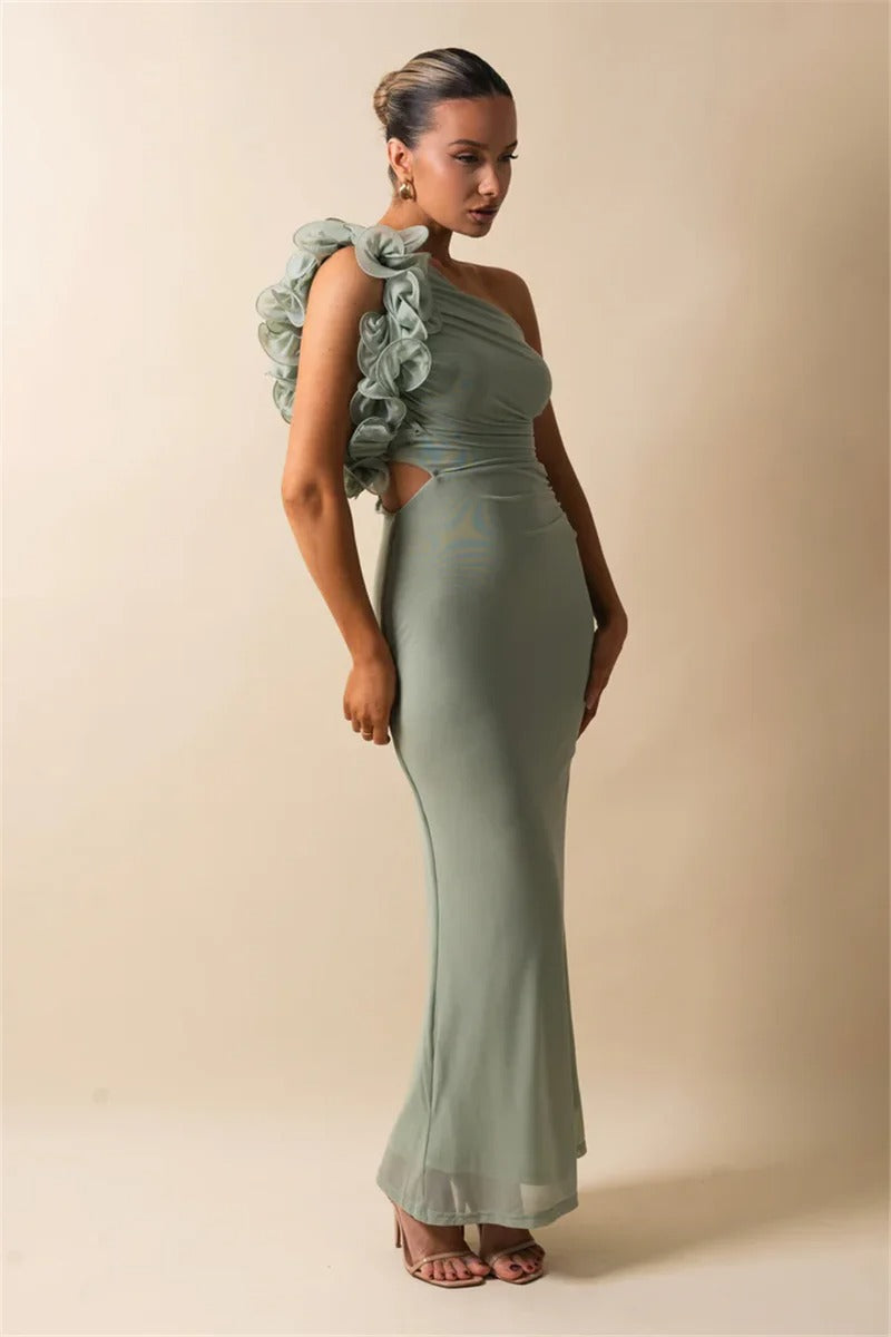 Mandy Shoulder Floral Mesh Ruched Sexy Maxi Dress