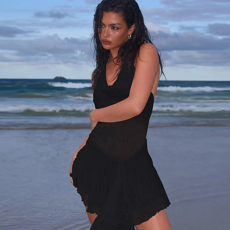 Brandi See Through Lace Halter Sexy Mini Dress