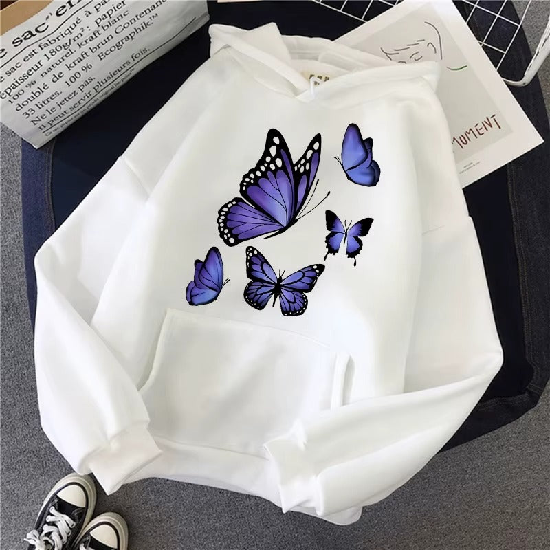 Dark Purple Butterfly Pattern Printed Hoodie