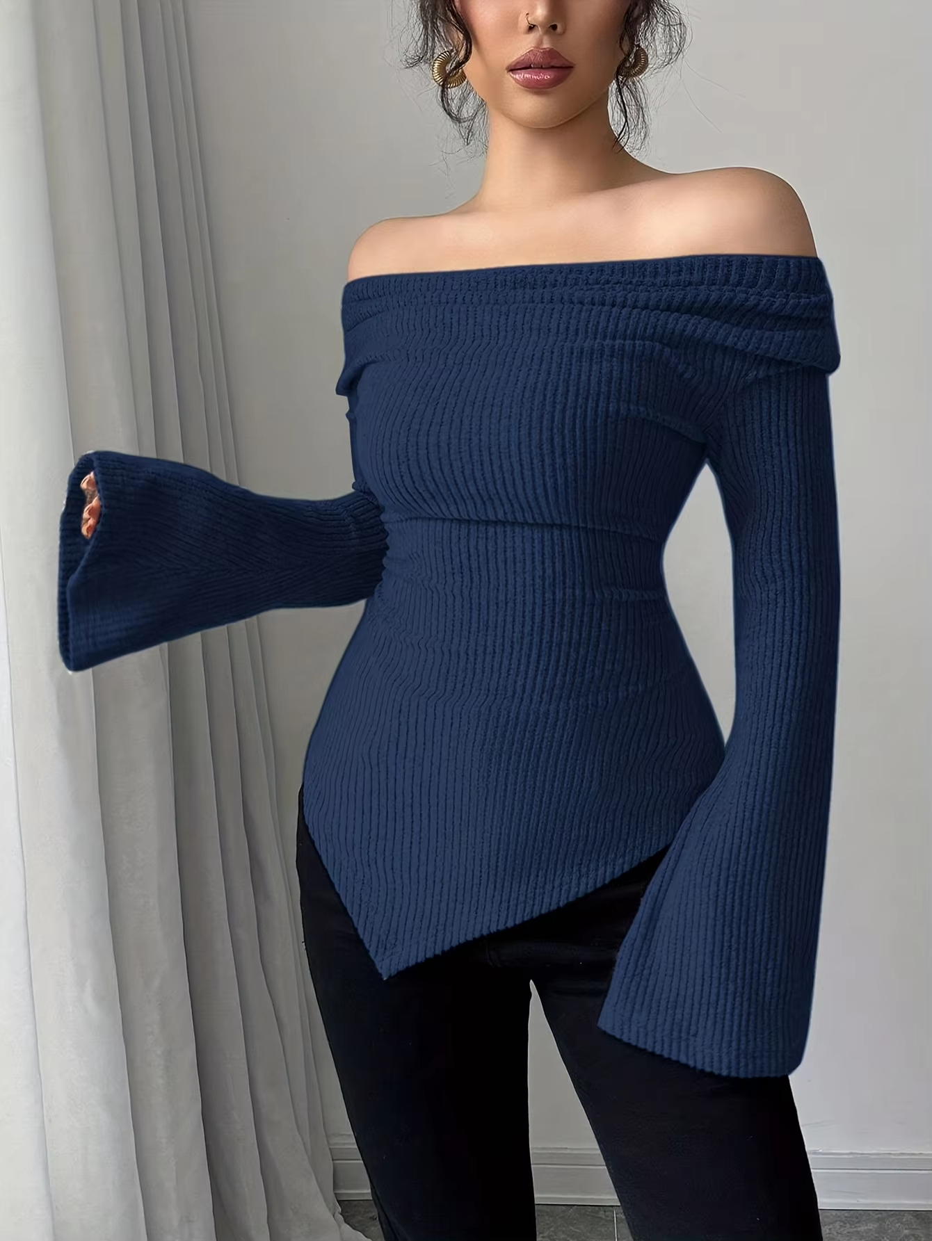 Women's Off Shoulder Asymmetrical V-Neck Fitted Tee