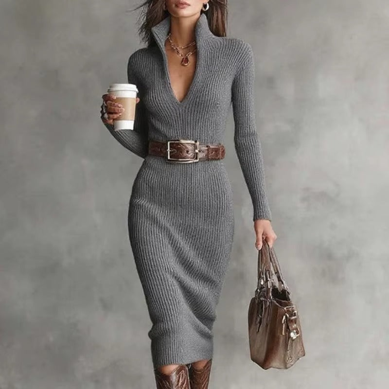 Women's Slim Turn-Down Collar Button Sweater Dress