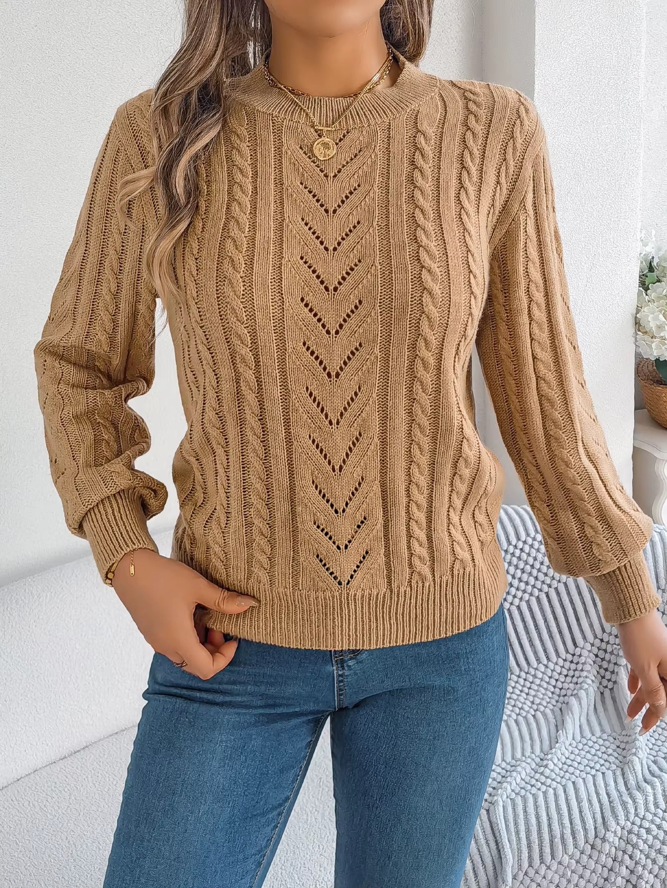 Women's O-Neck Hollow Out Long Sleeve Pullover Sweater