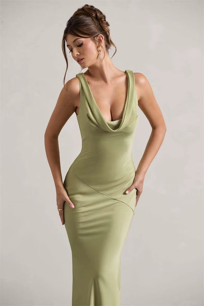 Bertha Satin Cowl Neck Backless Sexy Maxi Dress