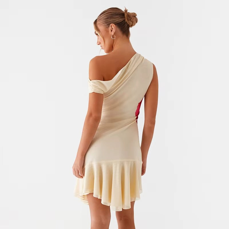 Patsy Skew Collar Ruffled Print Sexy Mini Dress