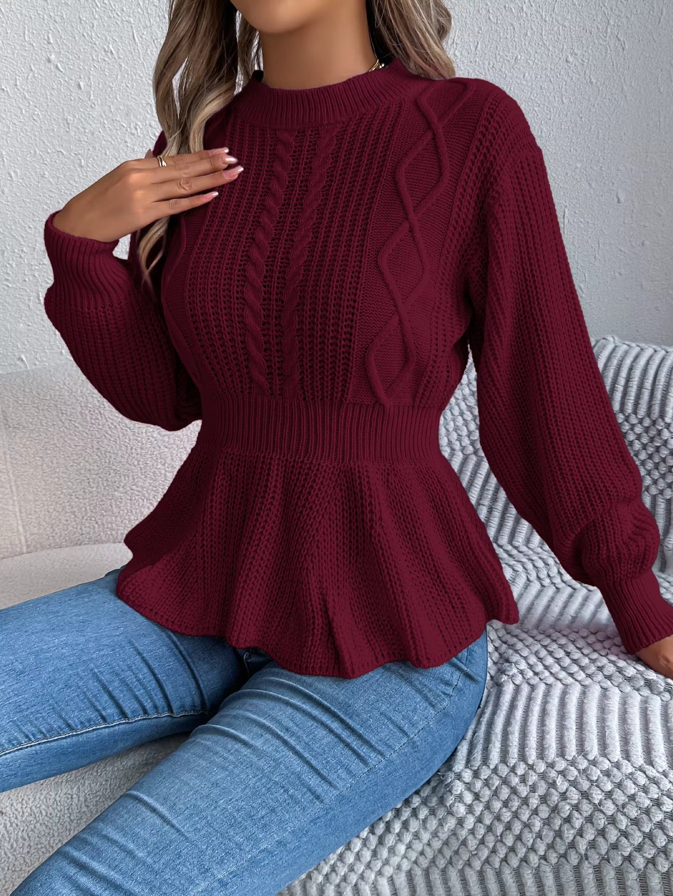 Women's Belted Waist & Flounce Hem Casual Long Sleeve Round Neck Sweater