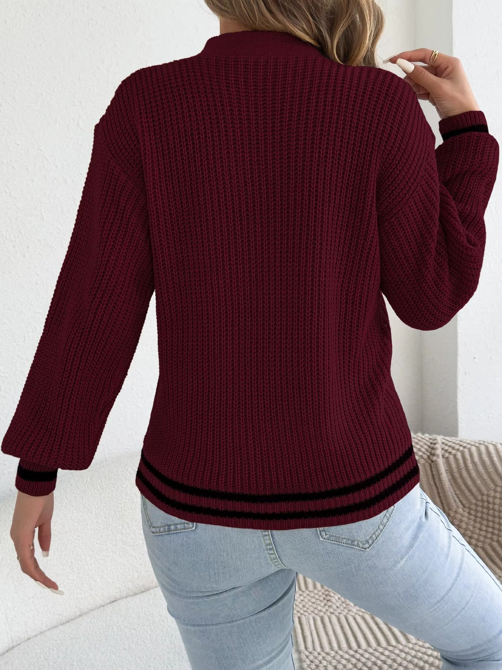 Women’s V-Neck Floral Hollow Out Striped Sweater